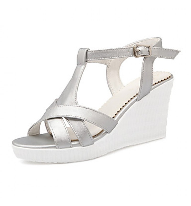 Women's Shoes Leatherette Wedge Heel Wedges Sandals Wedding / Party & Evening / Dress / Casual White / Silver