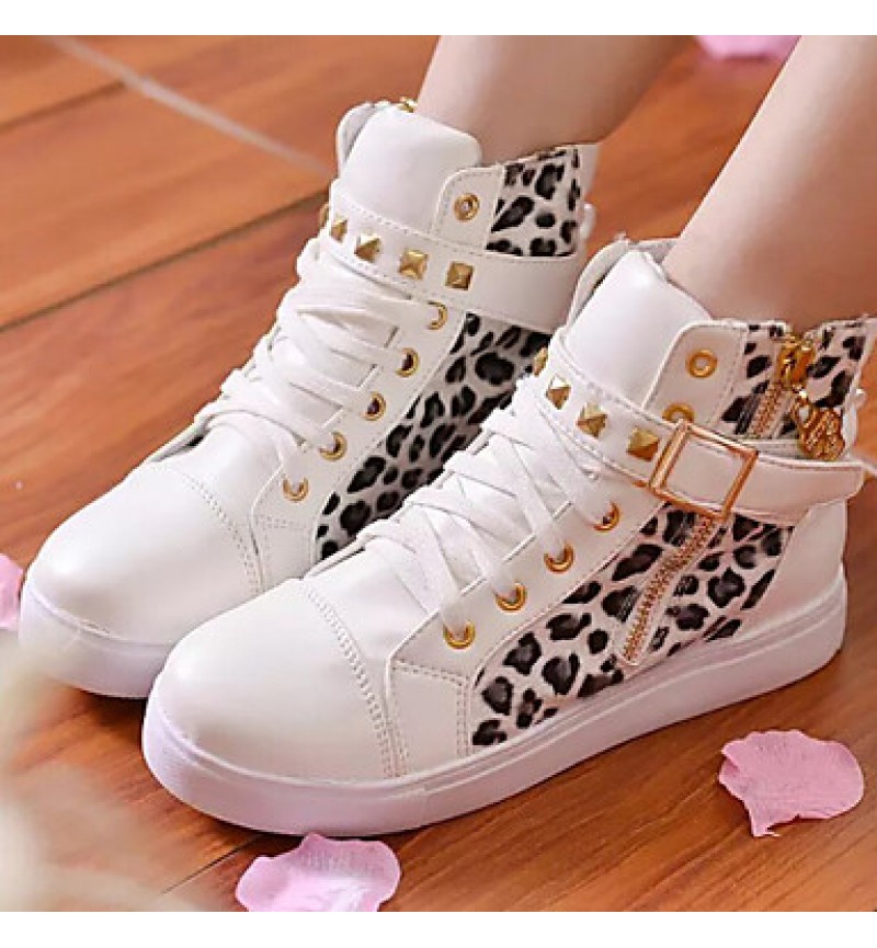 Women's Shoes Patent Leather Leopard Flat Heel Round Toe Rivet Fashion Sneakers Casual Black/White