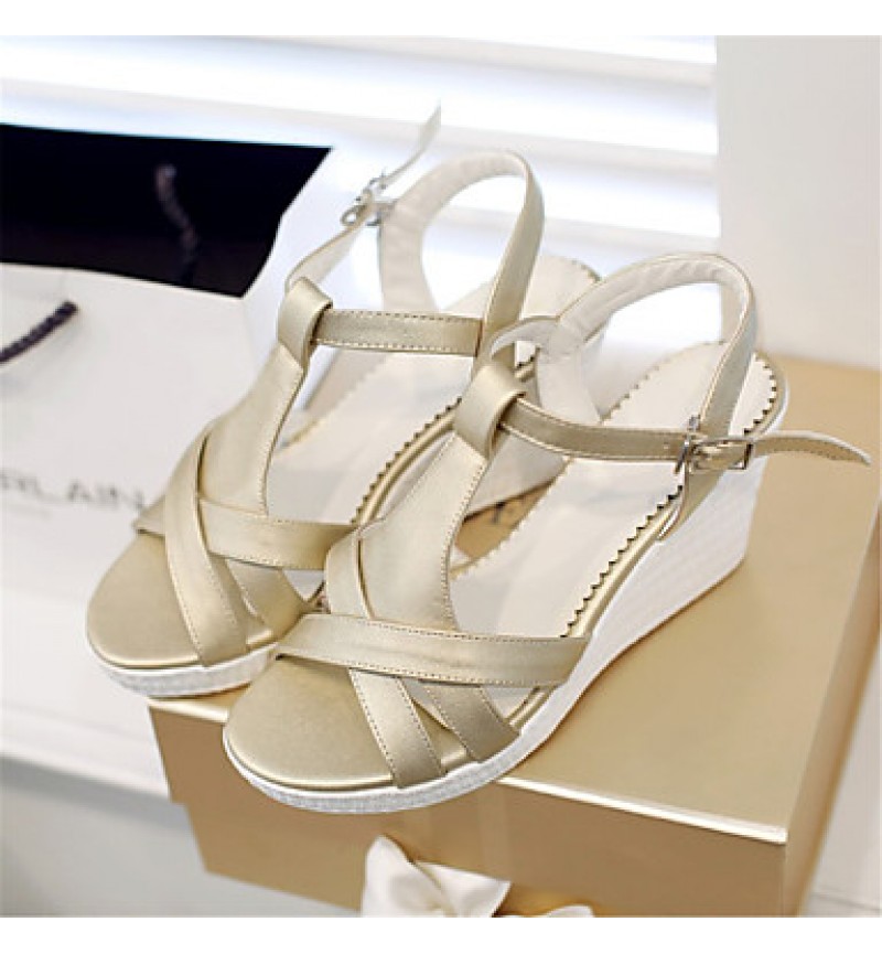 Women's Shoes Leatherette Wedge Heel Wedges Sandals Wedding / Party & Evening / Dress / Casual White / Silver