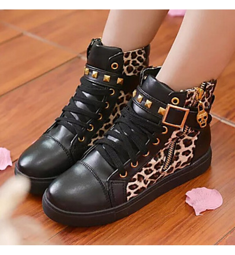 Women's Shoes Patent Leather Leopard Flat Heel Round Toe Rivet Fashion Sneakers Casual Black/White