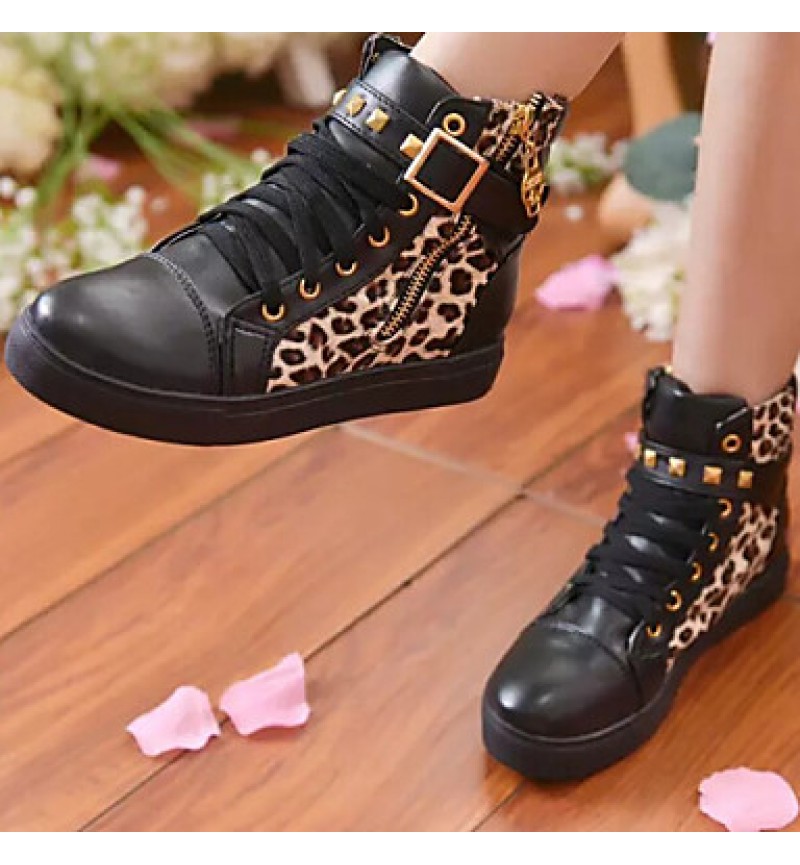 Women's Shoes Patent Leather Leopard Flat Heel Round Toe Rivet Fashion Sneakers Casual Black/White