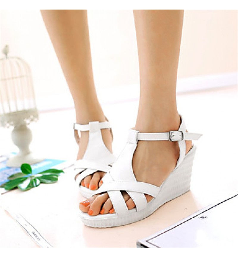 Women's Shoes Leatherette Wedge Heel Wedges Sandals Wedding / Party & Evening / Dress / Casual White / Silver