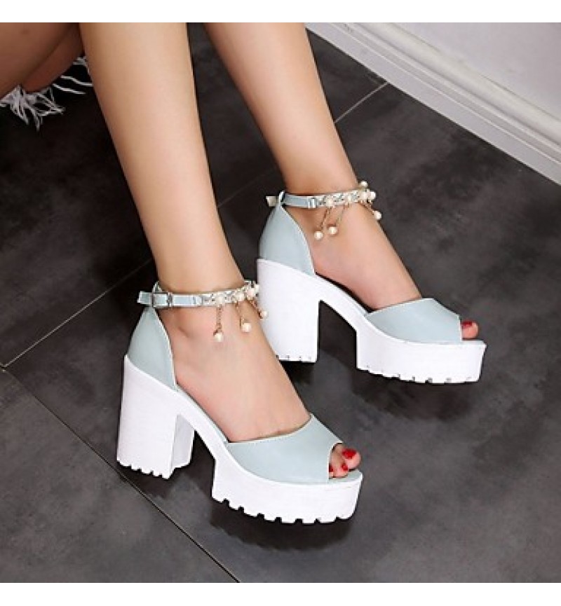 Women's Shoes Leatherette Chunky Heel Peep Toe Sandals Wedding / Office & Career / Party & Evening Blue / Pink / White