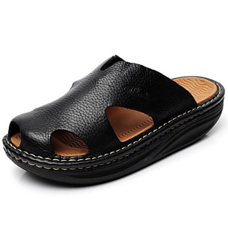 Men's Shoes summer Outdoor / Casual Leather Platform Slippers Black / Brown  