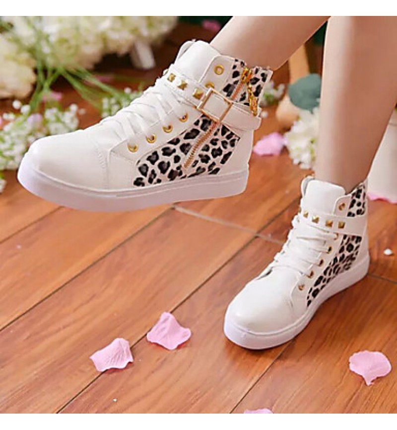 Women's Shoes Patent Leather Leopard Flat Heel Round Toe Rivet Fashion Sneakers Casual Black/White