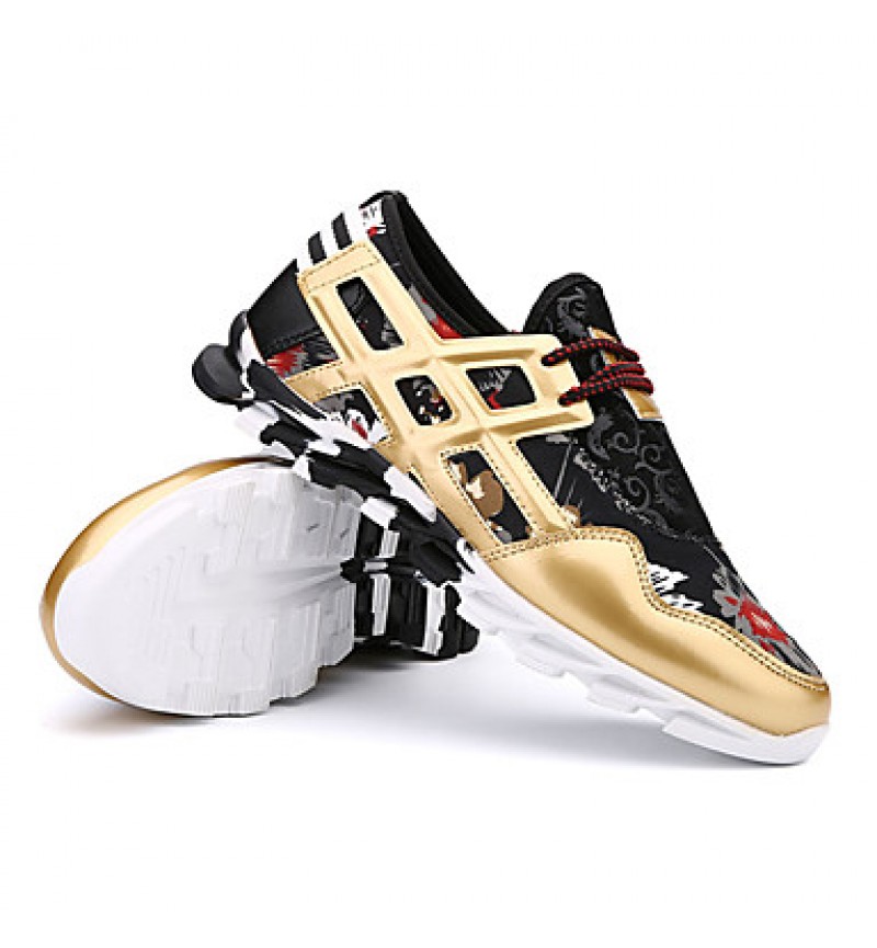 Women's Sneakers Spring / Fall Round Toe PU Athletic Flat Heel Others / Lace-up Black / White / Gold Running